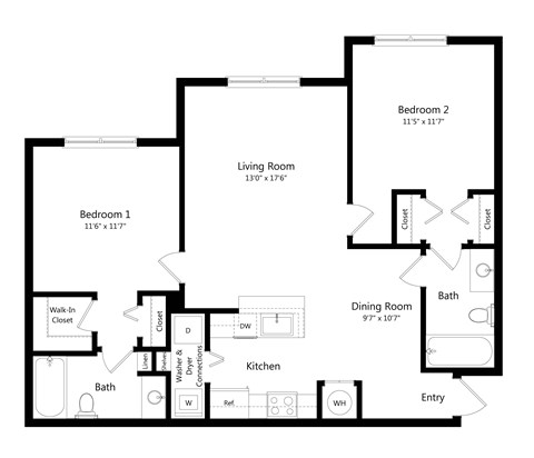 Floor plan for 2 beds, 2 baths, 974 sqft